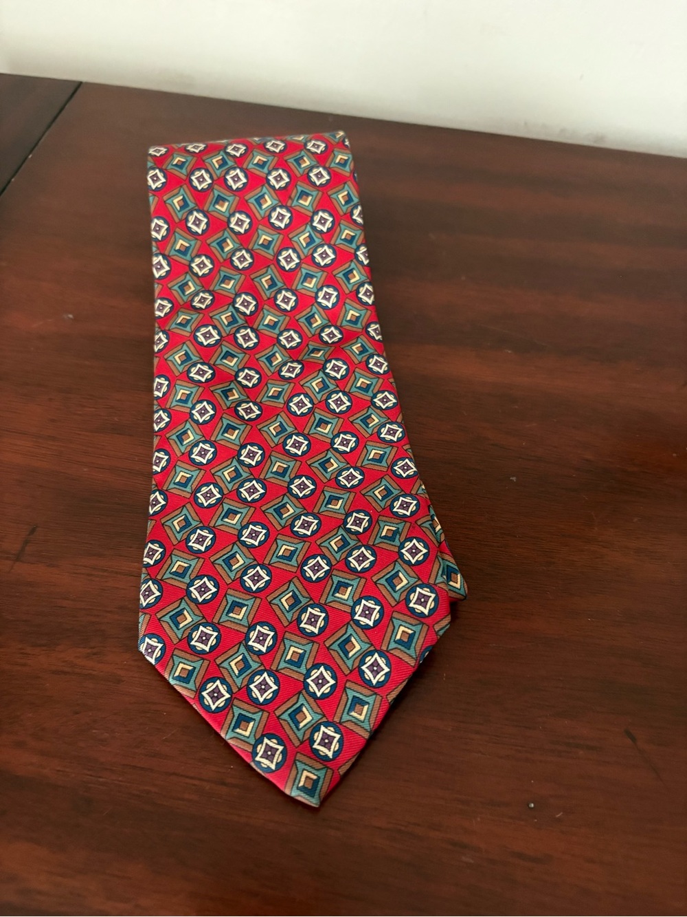Christian Dior Monsieur Men’s Tie 100% Silk Made In USA Red Brown Teal Geometric